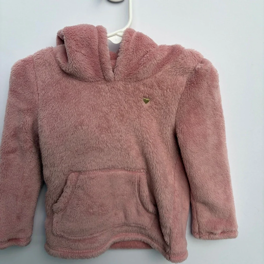 Carters Girls 2T Pink‎ Fuzzy Fleece Bear Ear Hoodie Gold Heart Pullover 2J981010